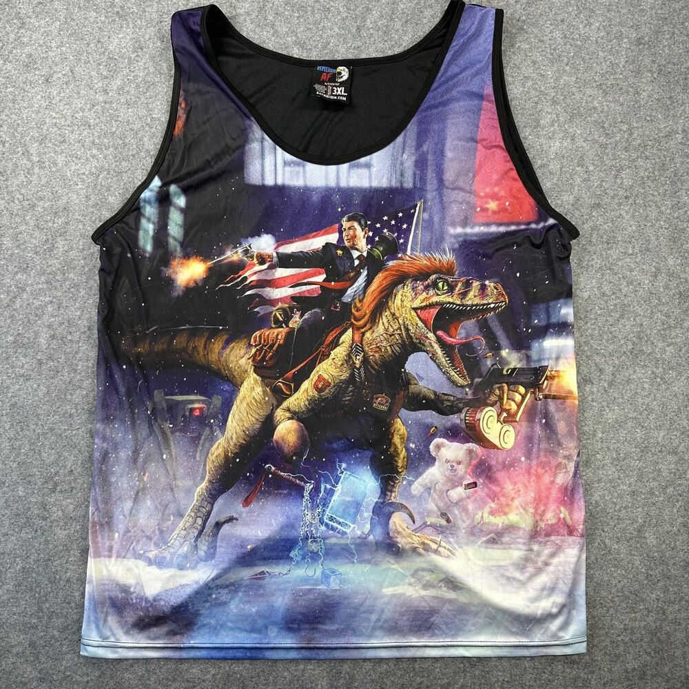 American AF Shirt Mens 3XL Multicolor Patriotic Dinosaur Graphic Tank Sleeveless